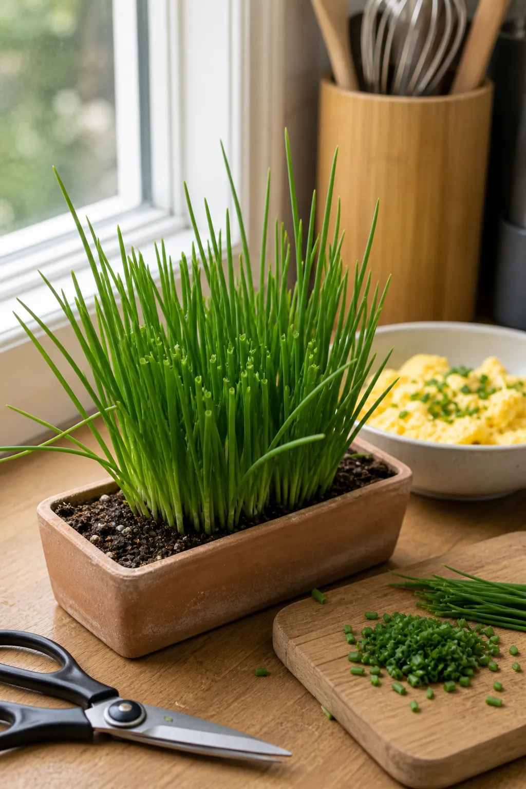 Chives growing indoors in a narrow pot beside kitchen scissors and a cutting board