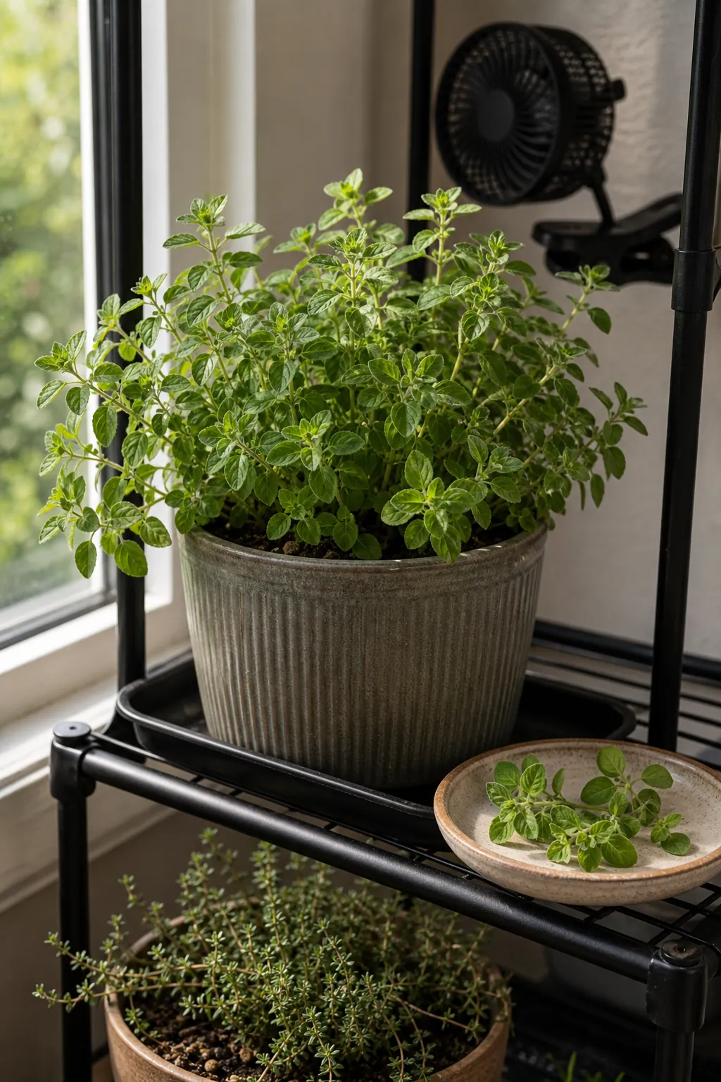 Oregano growing indoors on a black metal shelf near a sunny kitchen window