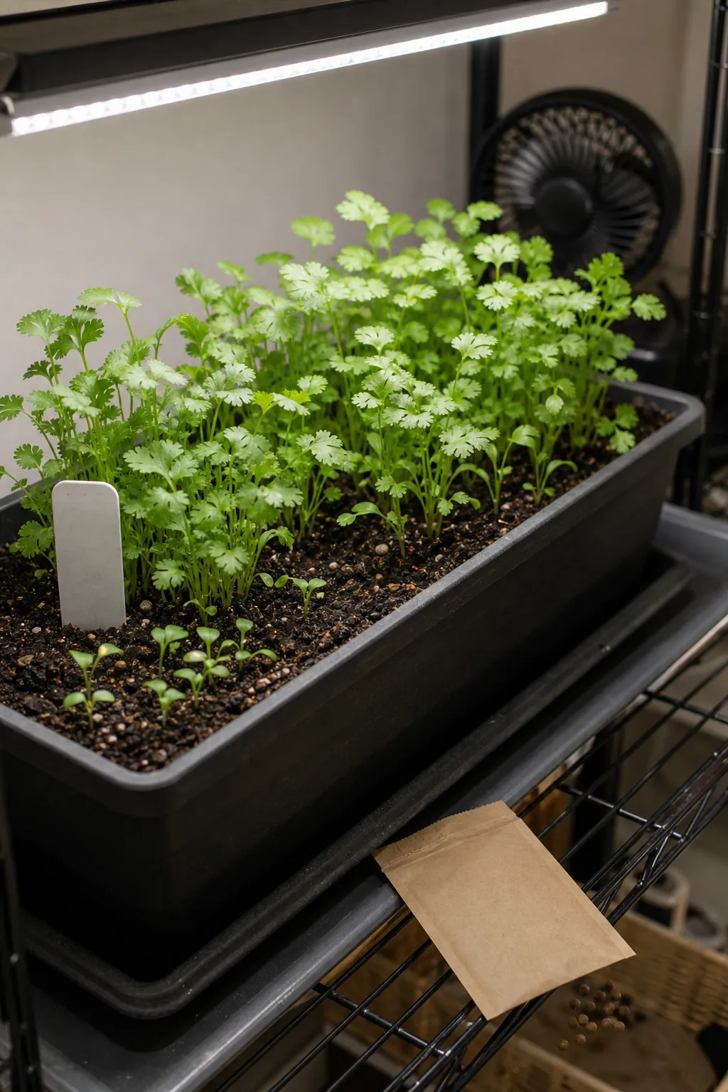 Cilantro seedlings growing indoors under a full spectrum LED shelf light