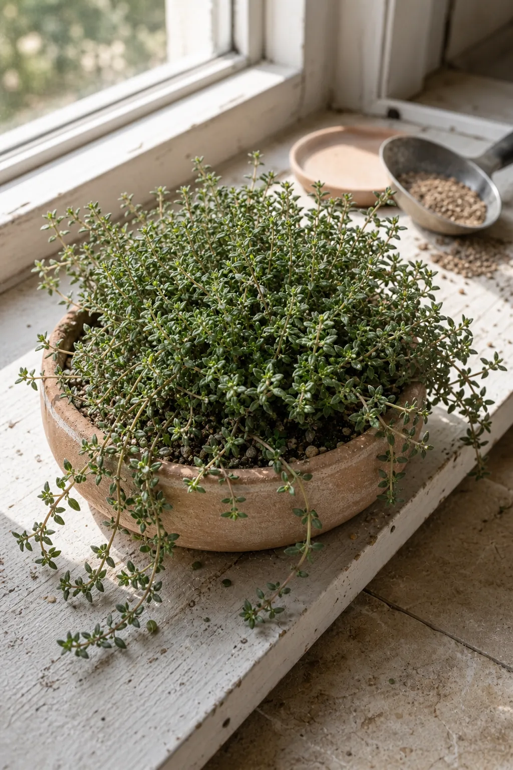 Thyme growing indoors in a shallow clay bowl on a sunny window ledge