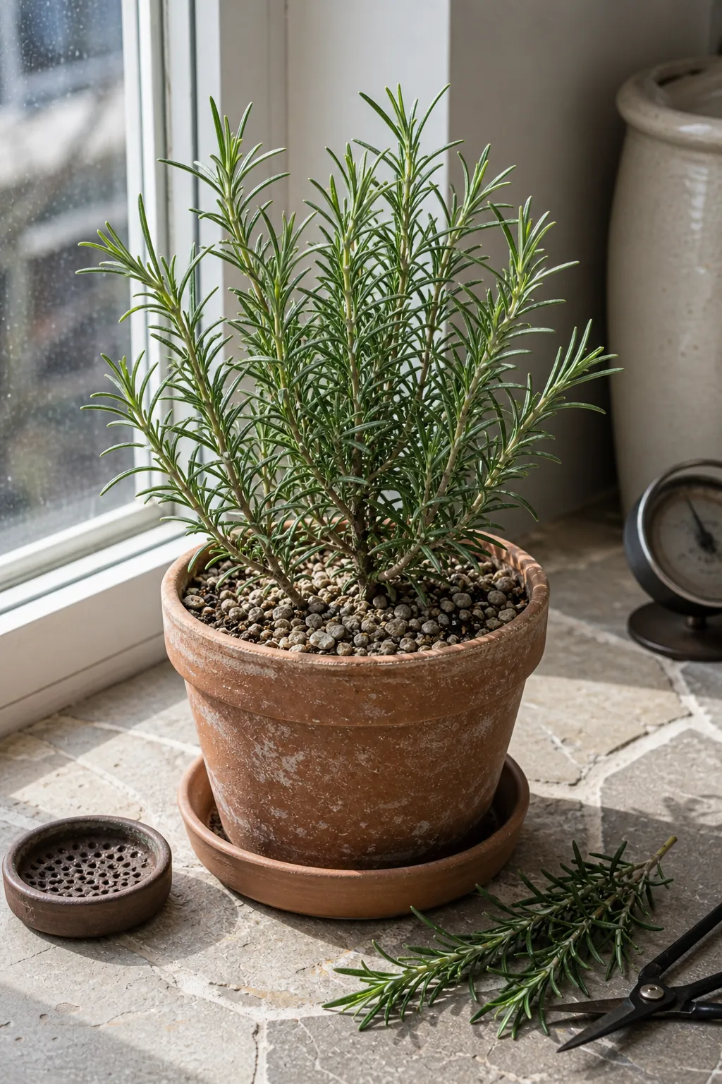 Rosemary growing indoors in an unglazed clay pot with gravelly soil near a bright window
