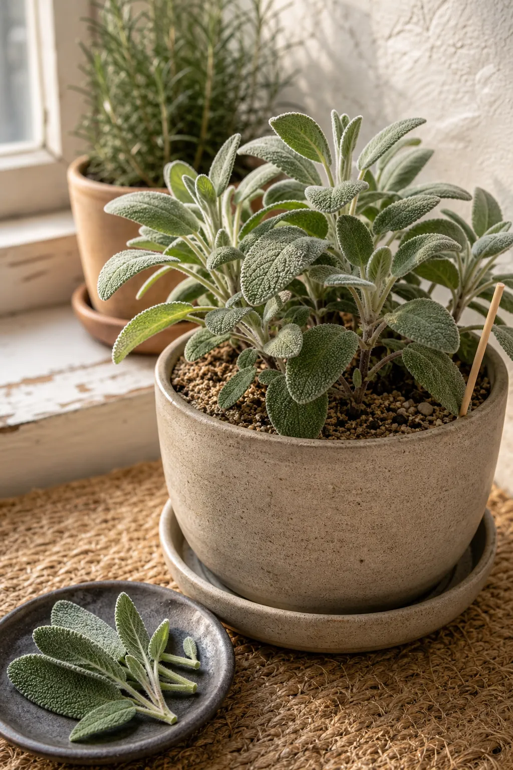 Sage growing indoors in sandy potting mix with soft gray green leaves