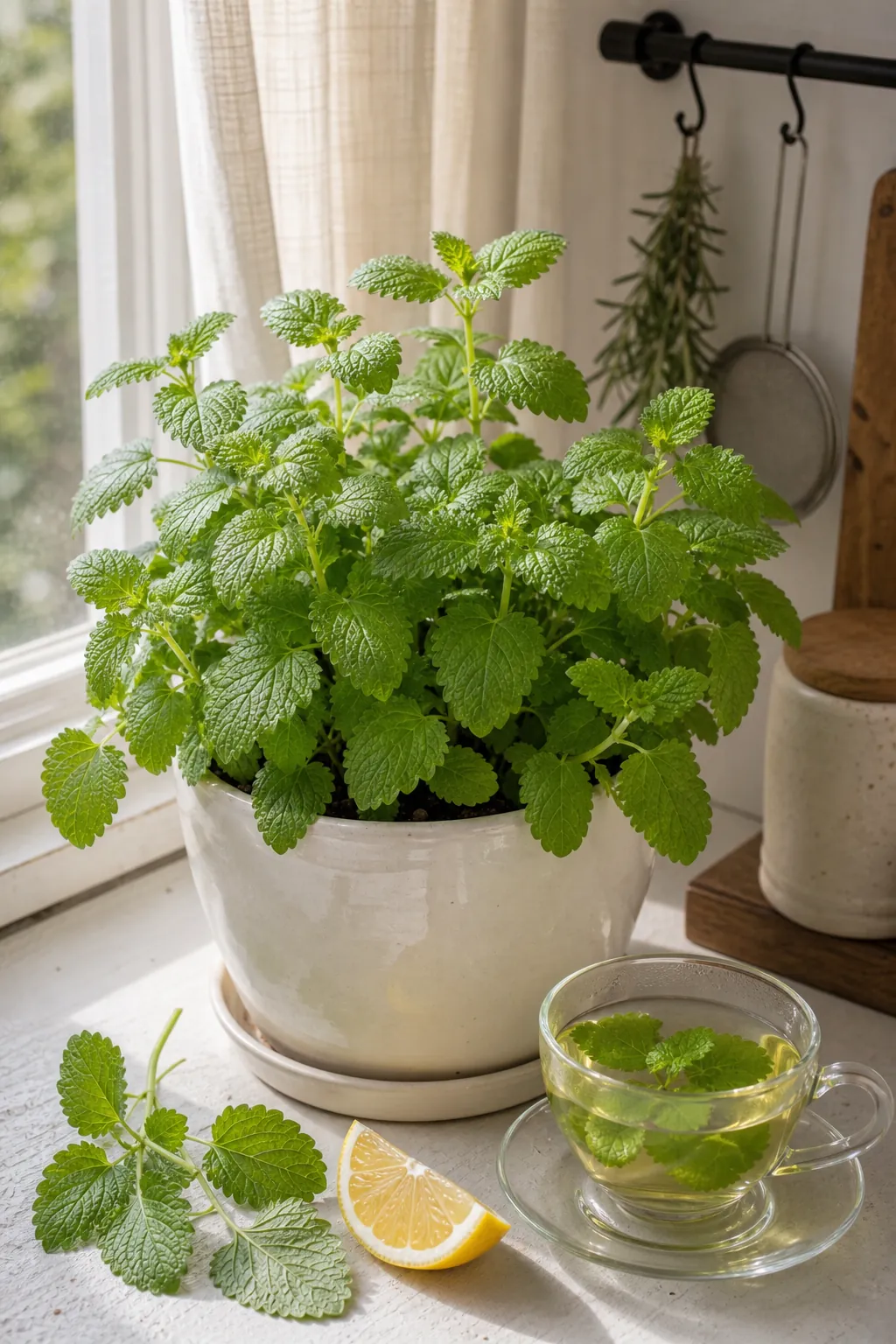 Lemon balm growing indoors in a white pot near a bright apartment kitchen window