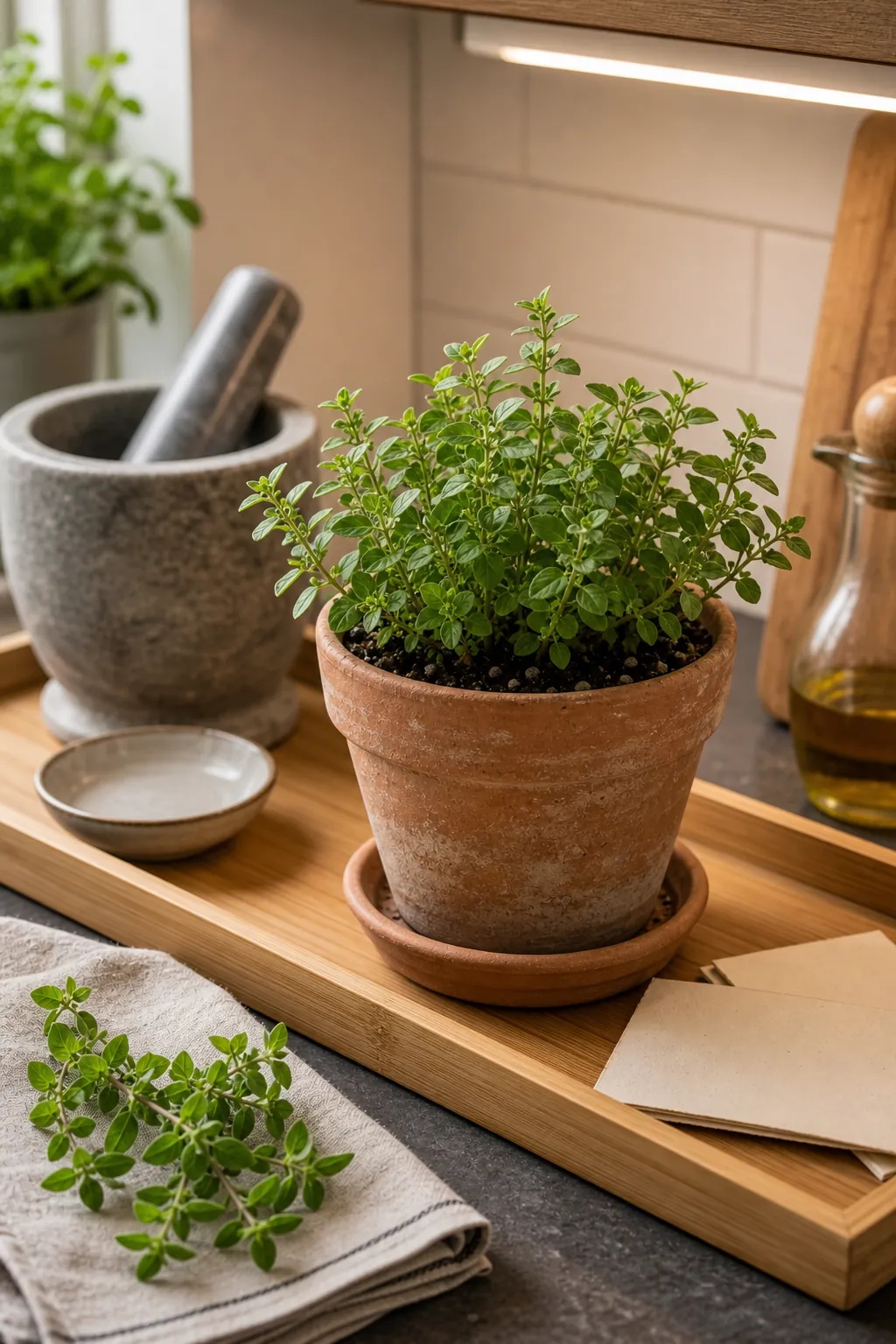 Marjoram growing indoors in a small clay pot on a tidy kitchen counter