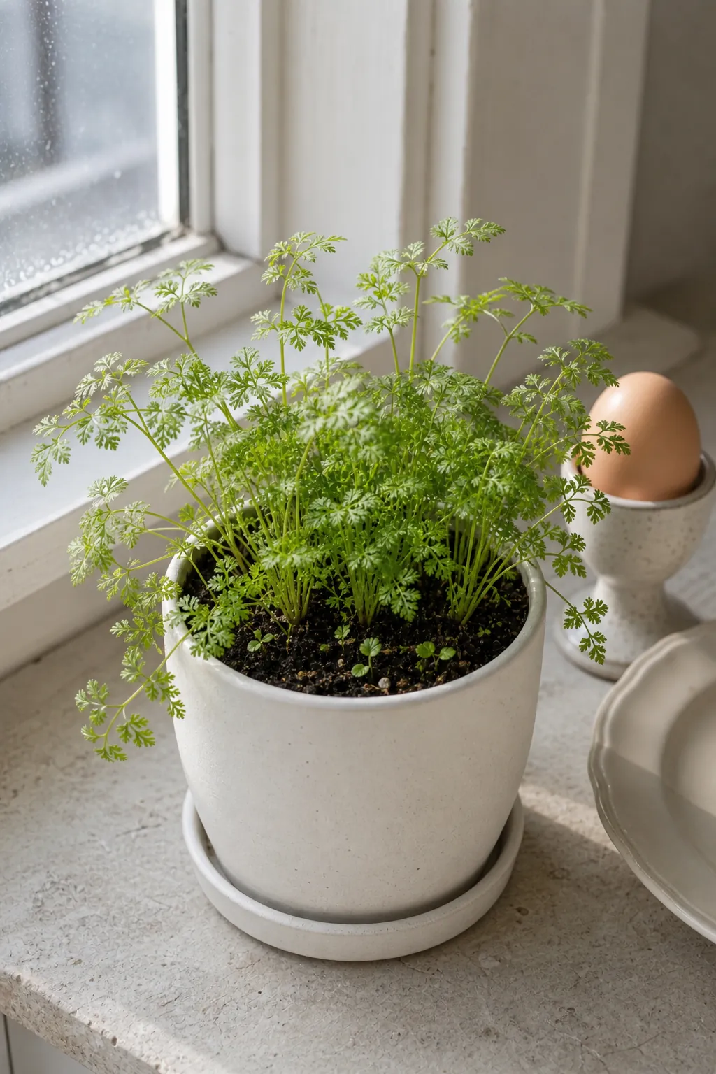 Chervil growing indoors in a small white pot with delicate leaves in soft window light