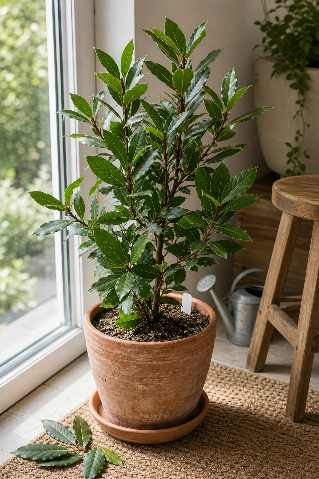 Small bay laurel tree growing indoors in a tall clay pot near a sunny glass door