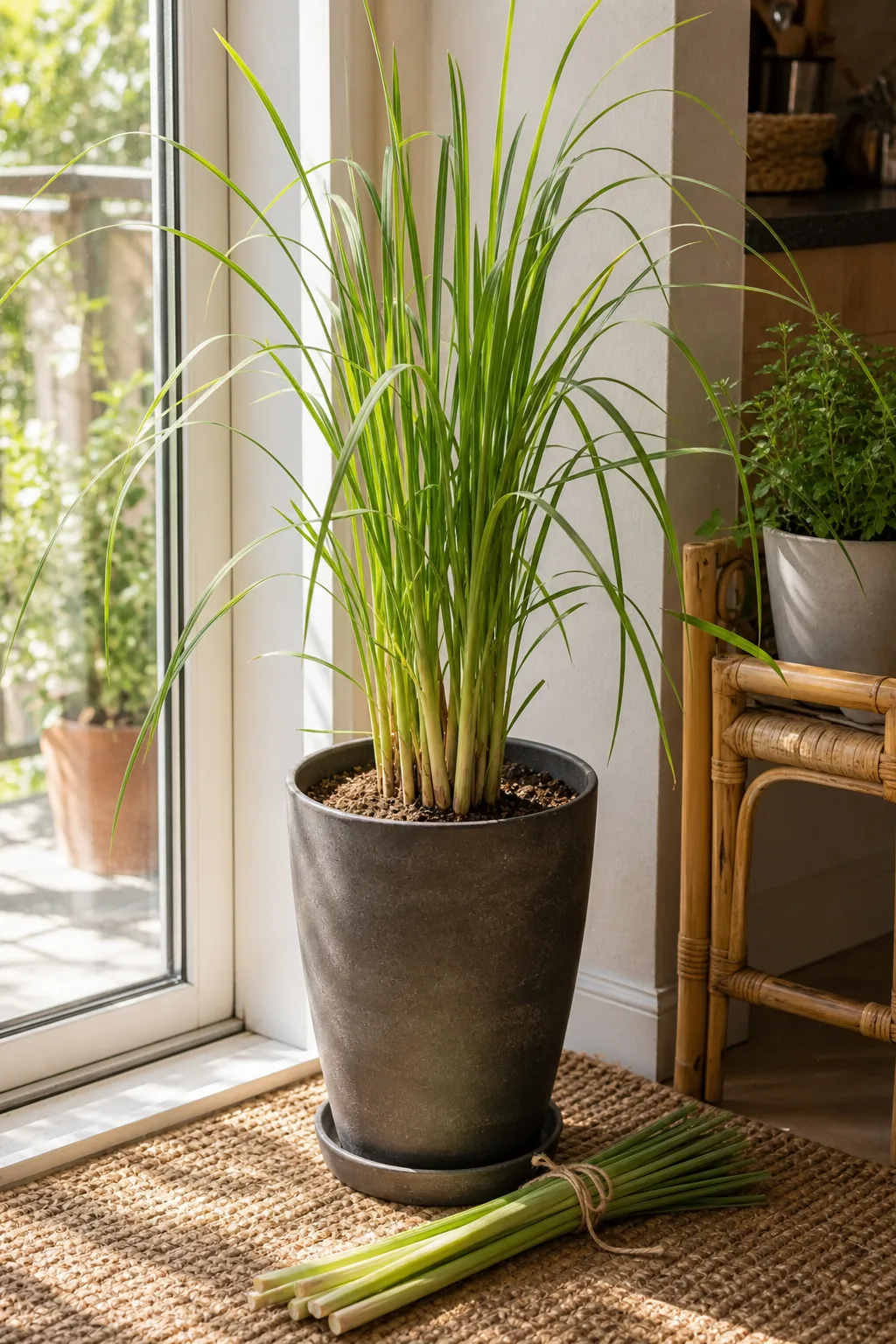 Lemongrass growing indoors in a tall narrow pot beside a bright patio door