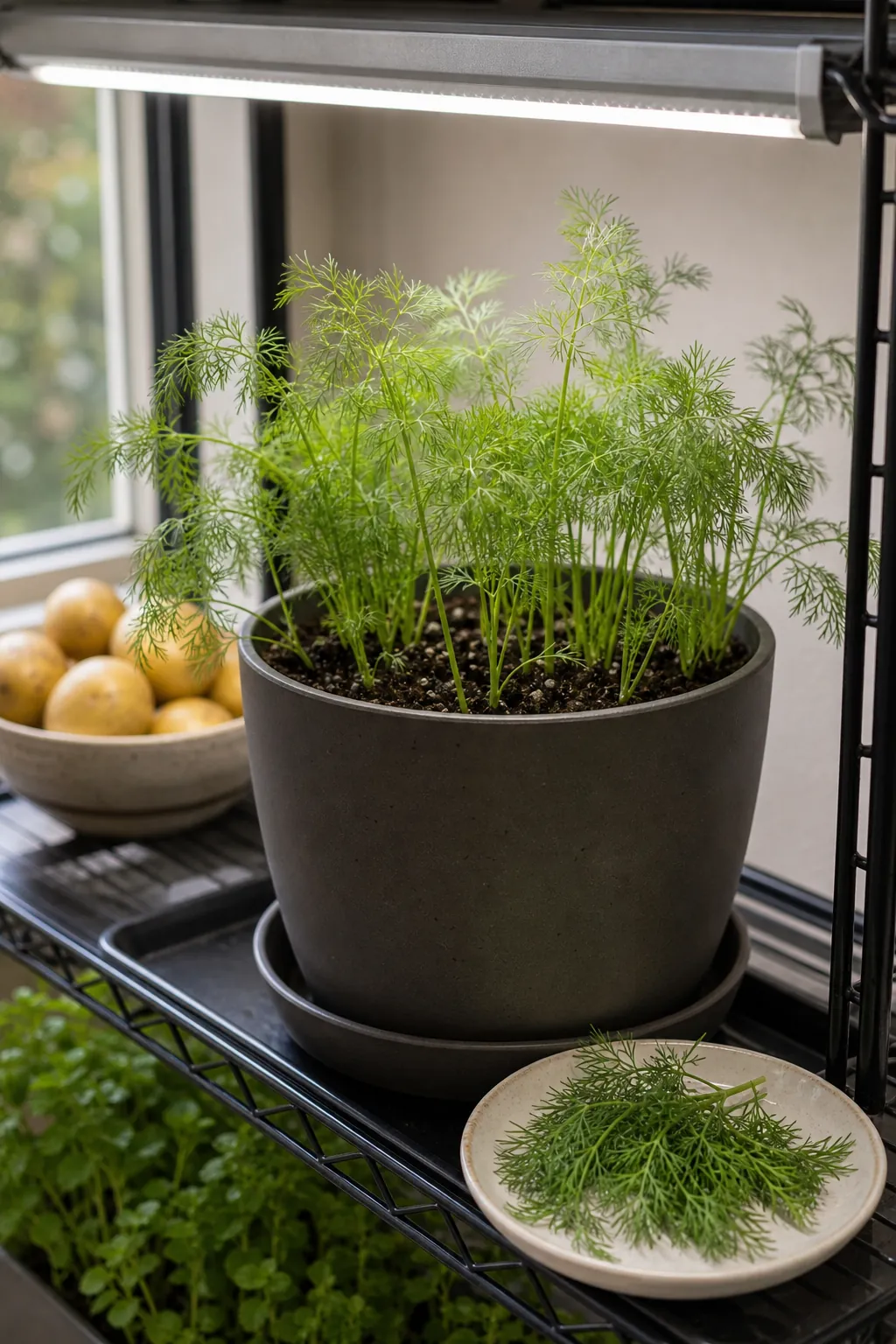 Young dill growing indoors in a deep pot under bright light with feathery leaves