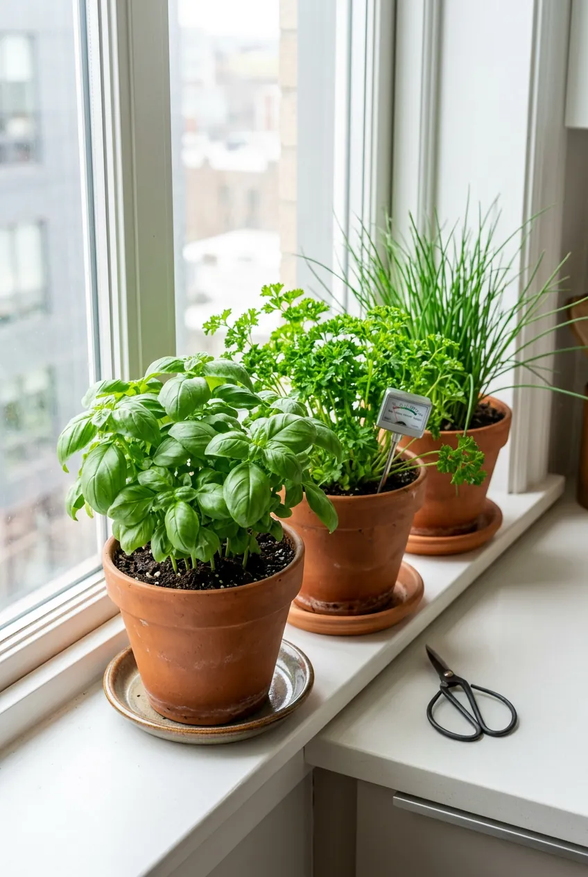 Basil and parsley growing in indoor herb pots beside a sunny kitchen window