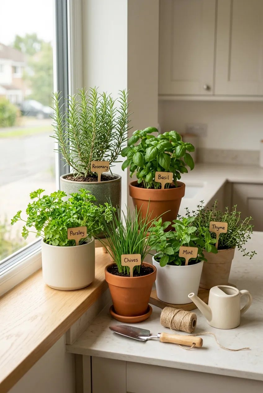 Indoor herbs growing in a bright kitchen windowsill garden
