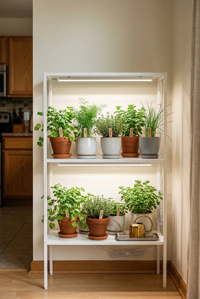 Indoor herb garden shelf with grow lights for apartments without sunny windows