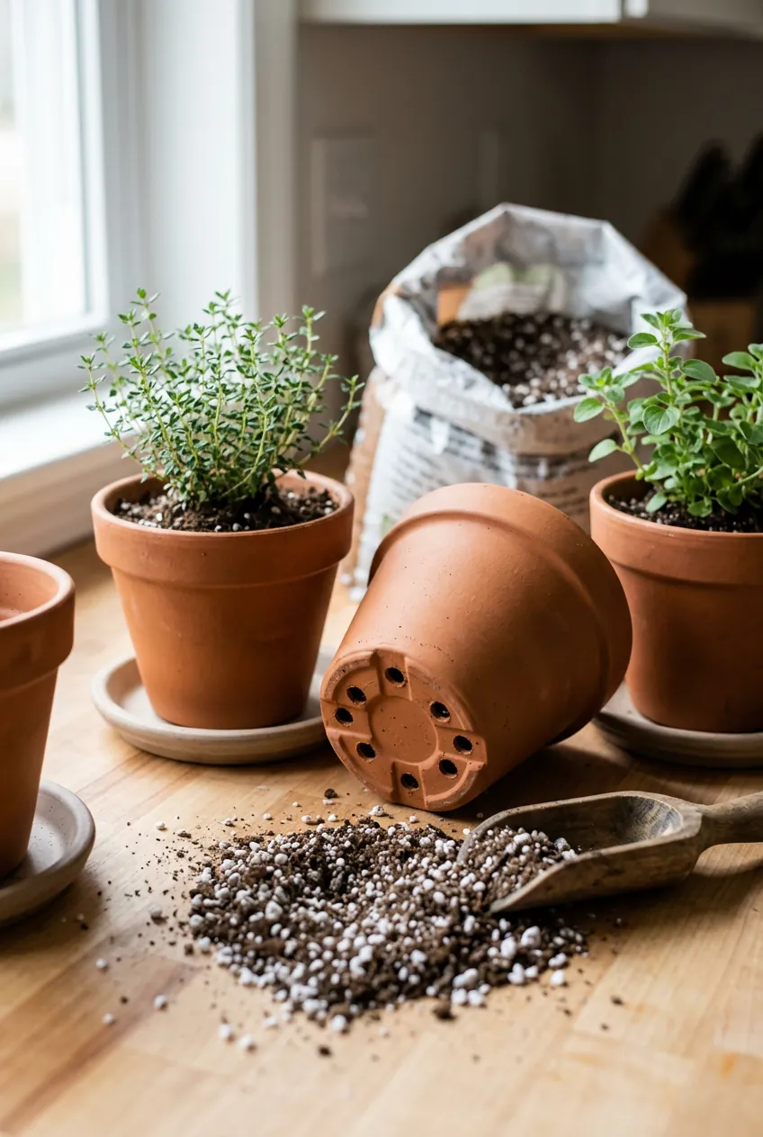 Indoor herb pots with drainage holes, saucers, and well draining soil
