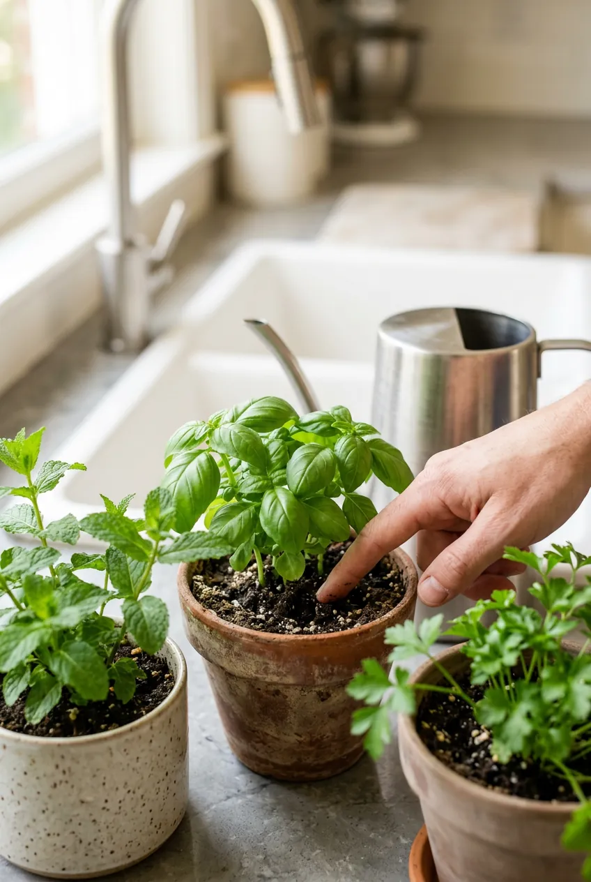 Checking soil moisture before watering indoor herbs in small pots