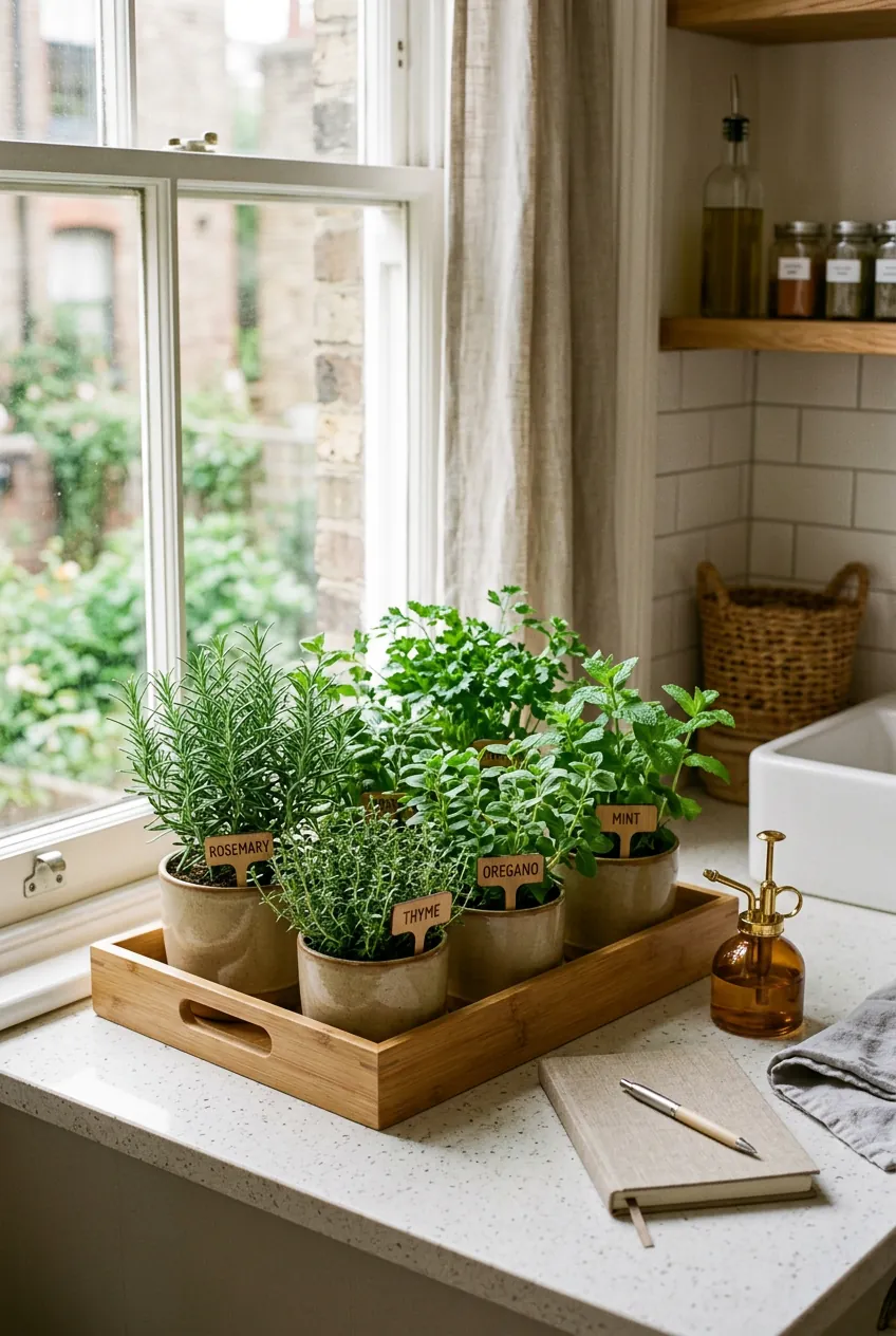 Small kitchen indoor herb garden with pots arranged on a bamboo tray