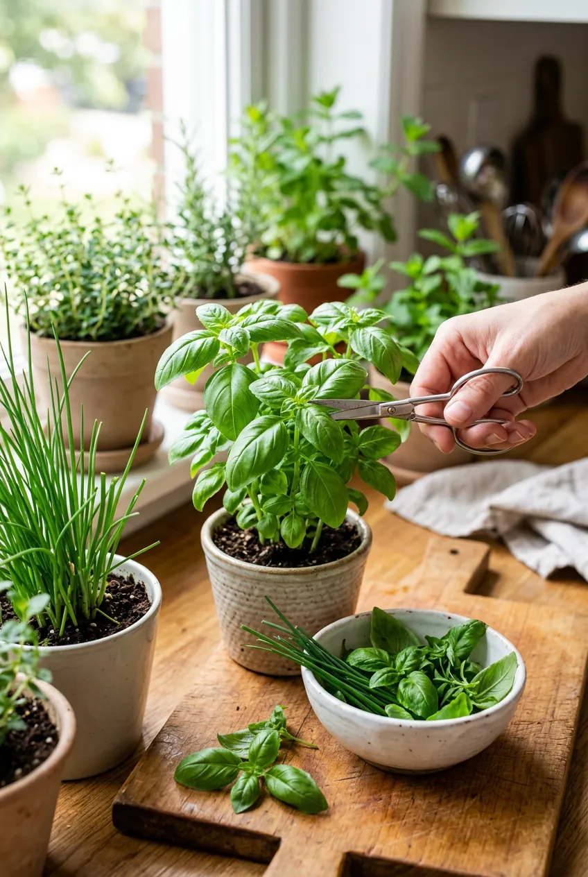 Harvesting indoor basil and chives with small kitchen scissors