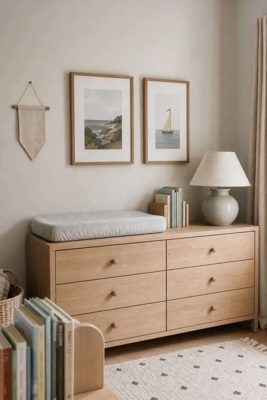 Neutral nursery wall decor base with framed art and soft bedroom decor