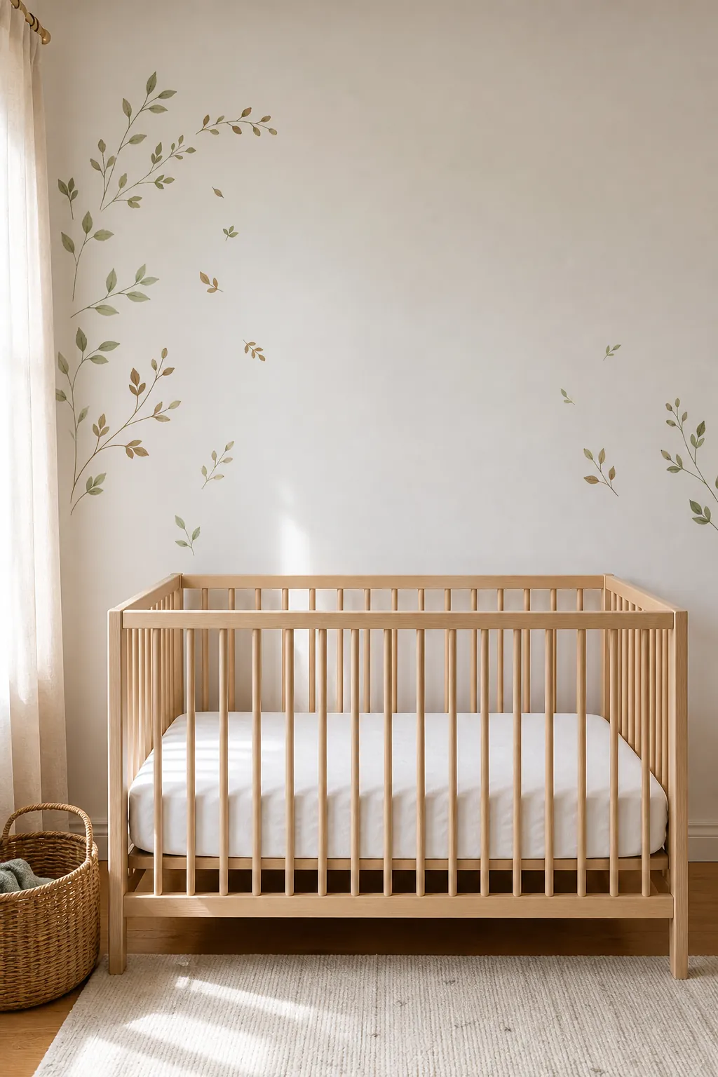 Crib wall decorated with lightweight decals and safe open space