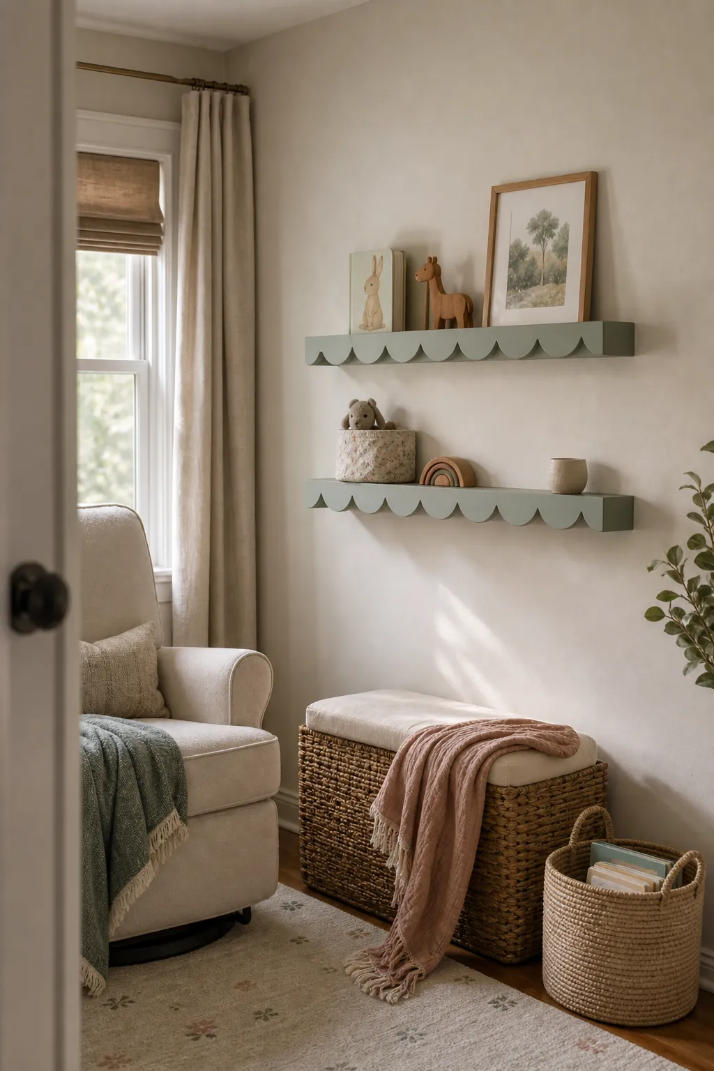 Scalloped shelves styled with nursery decor that can later become kids room decor