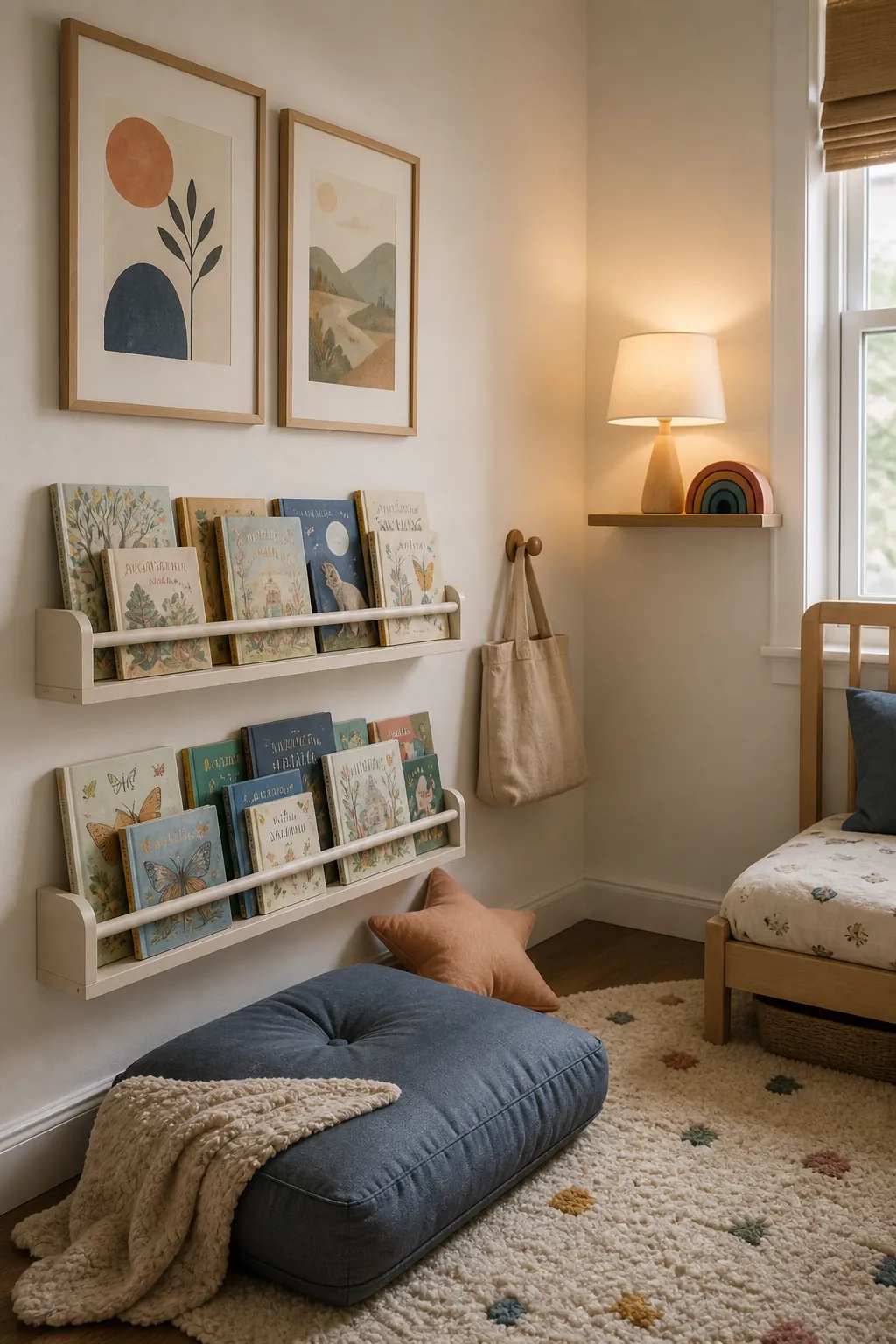 Kids bedroom reading corner with wall art and low book storage