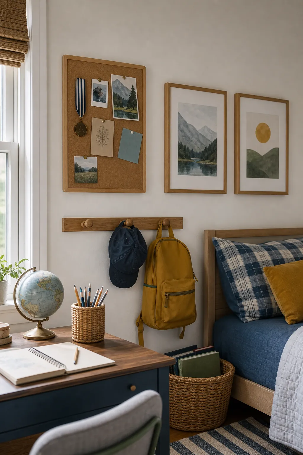 Updated kids bedroom wall decor with a pinboard and grown-up art
