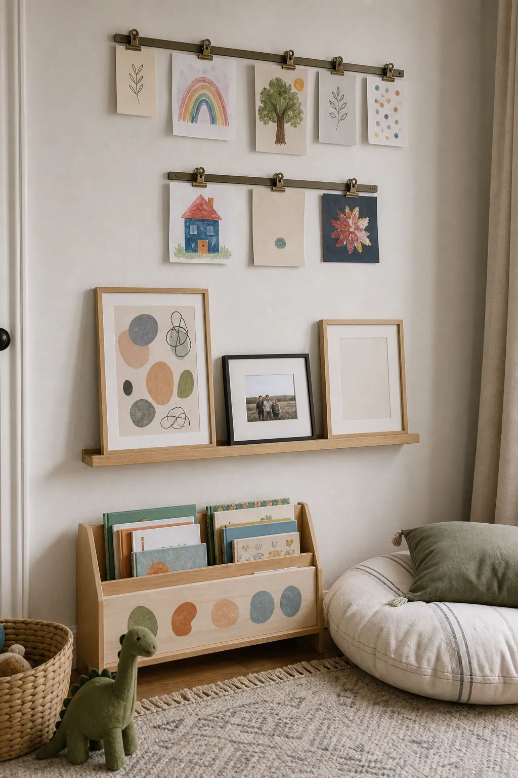 Rotating nursery gallery wall with clips for child artwork and wall art