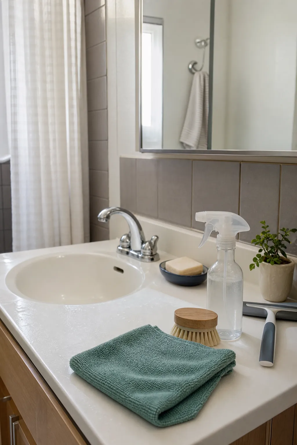 Clean small bathroom vanity with microfiber cloth and practical cleaning tools for bathroom cleaning hacks