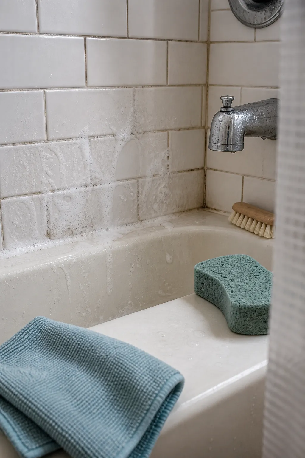 Foamy cleaner resting on soap scum in a shower tub corner with sponge and brush nearby