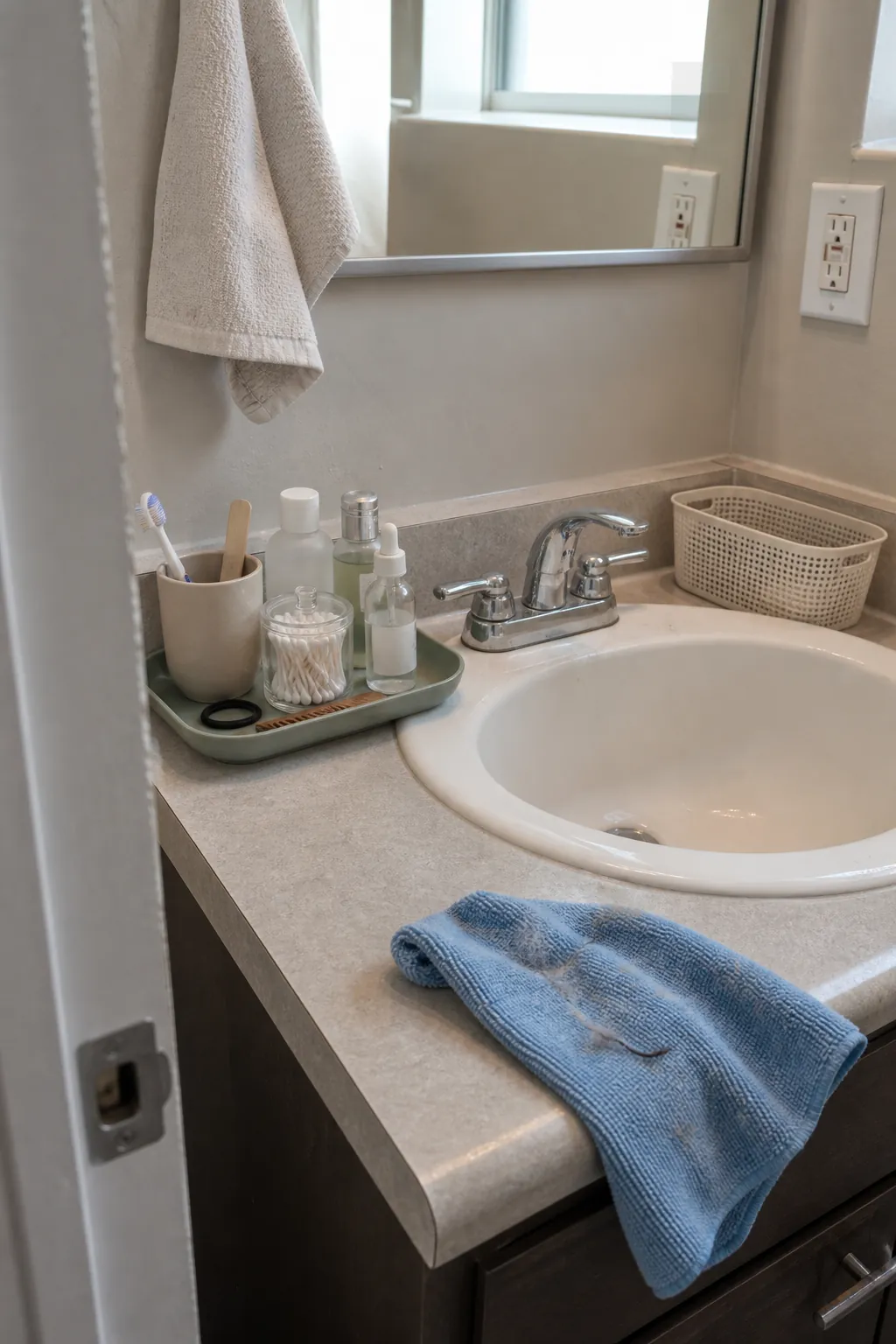 Dry decluttered bathroom vanity with microfiber cloth and grouped toiletries before wet cleaning