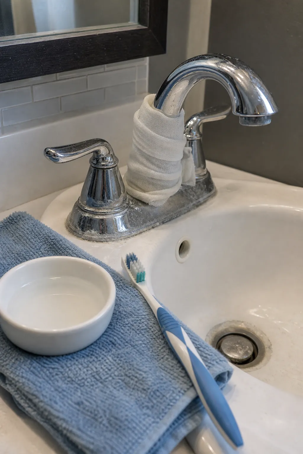 Bathroom faucet with vinegar cloth wrap for hard water spots and a soft toothbrush
