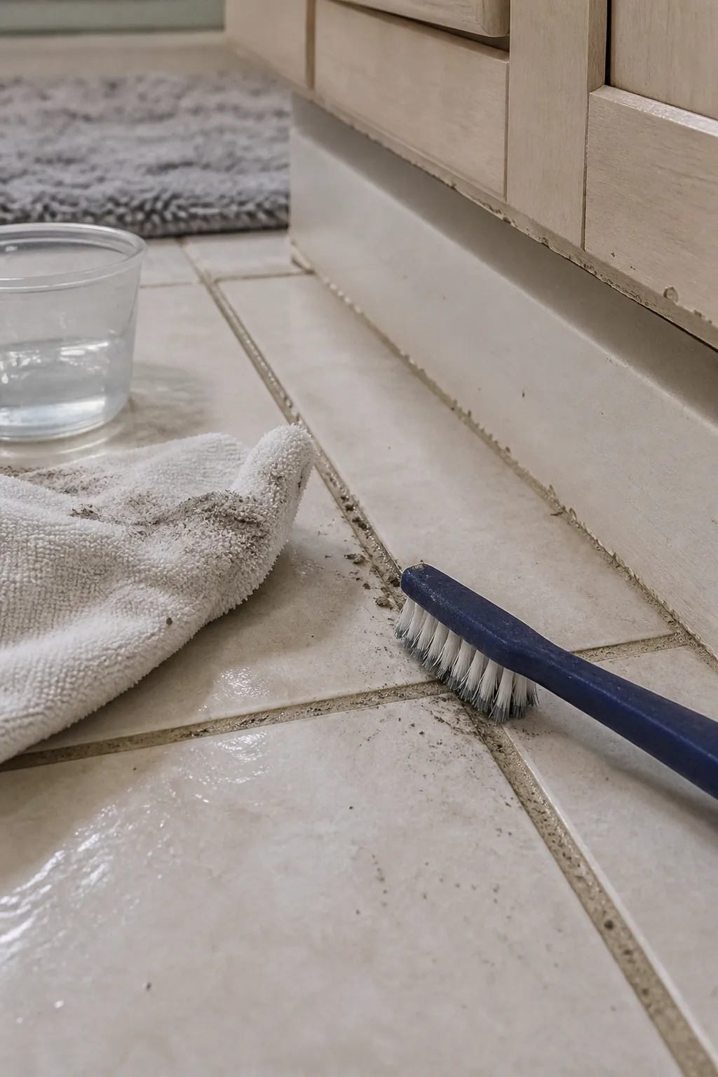 Detail brush cleaning bathroom tile grout and vanity floor seam