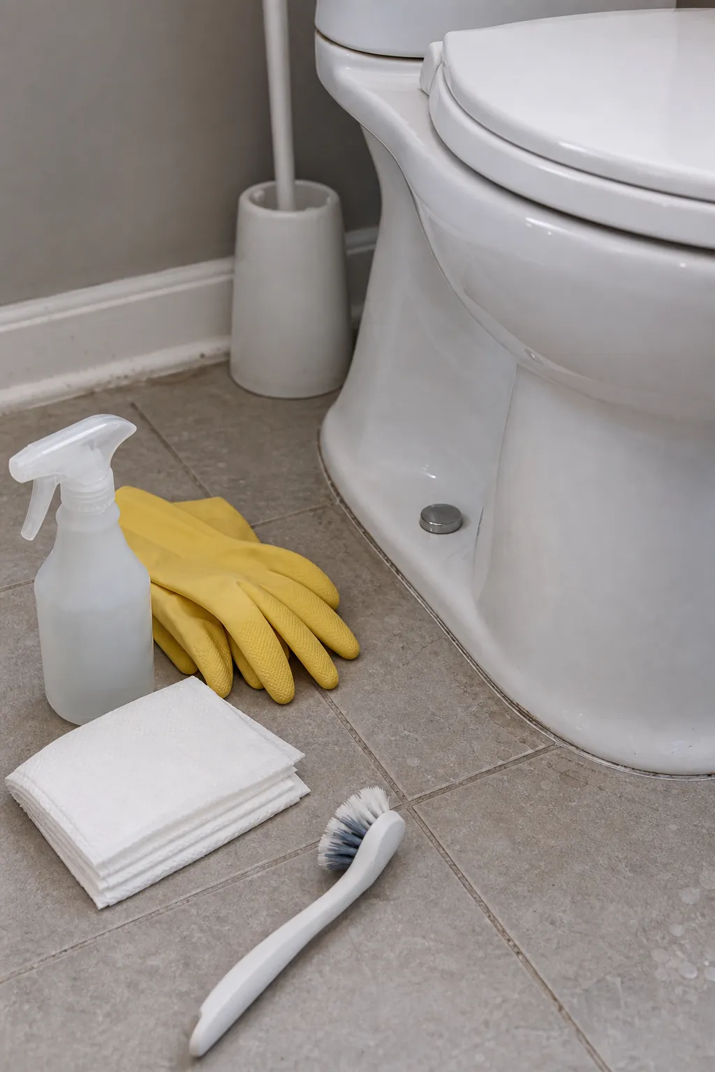 Toilet base cleaning setup with brush cloths gloves and spray bottle on bathroom tile