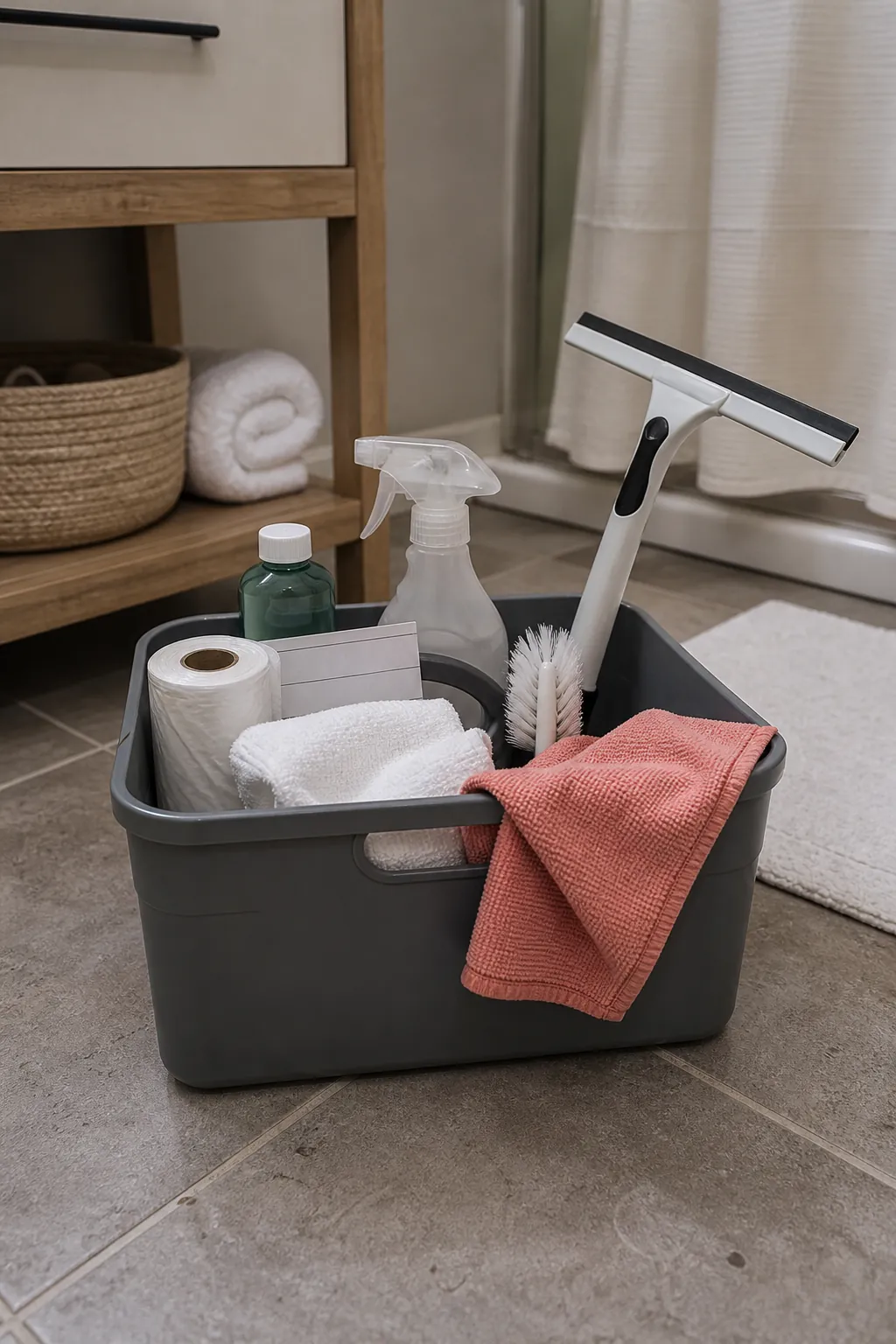 Small bathroom cleaning caddy with microfiber cloth squeegee brush and towel for quick resets
