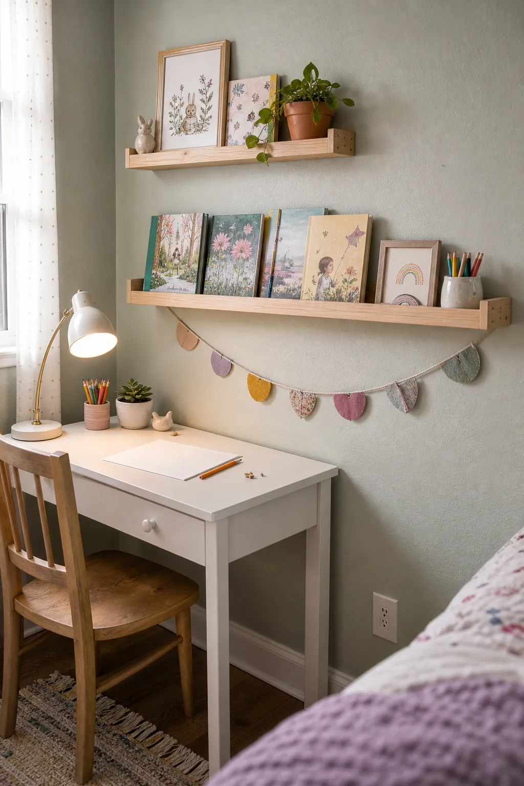Girls bedroom display shelves styled with books, art, pencils, and personal treasures near a desk