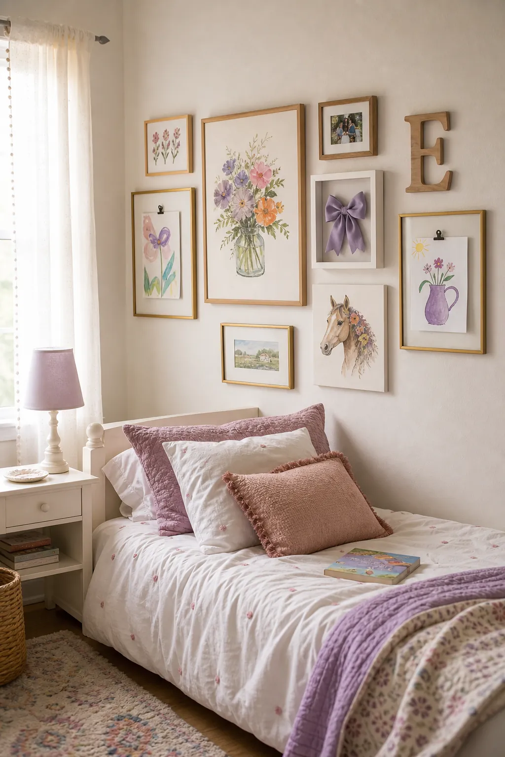 Girls bedroom gallery wall with framed art, keepsakes, and child-made drawings above a bed
