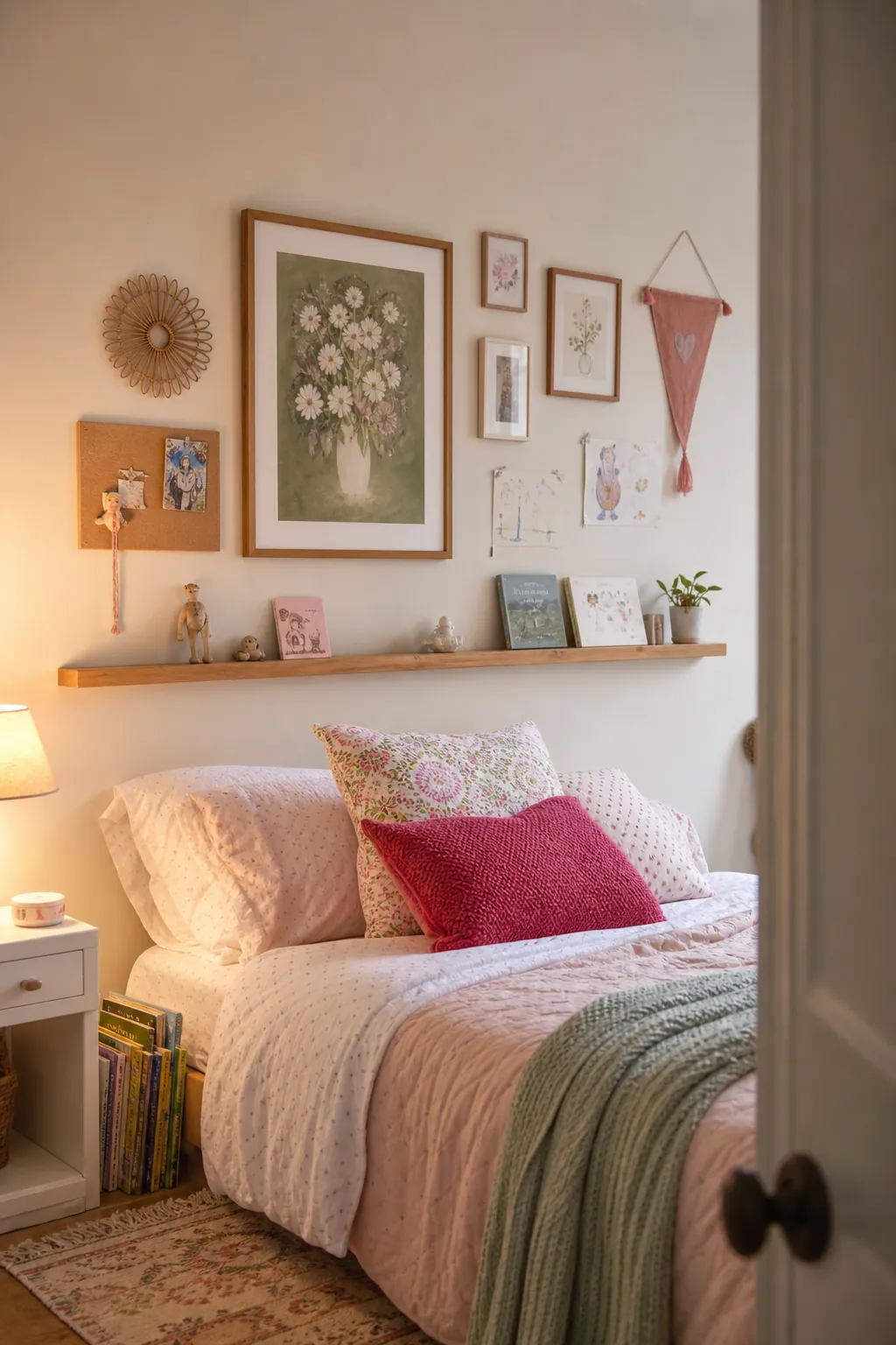 Girls bedroom wall decor with a personal gallery wall, display shelf, and warm layered bedding