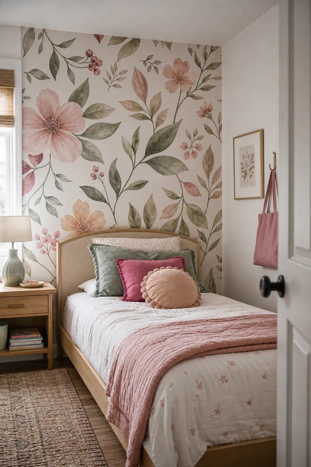 Girls bedroom peel and stick floral accent wall behind a bed with calm flexible styling