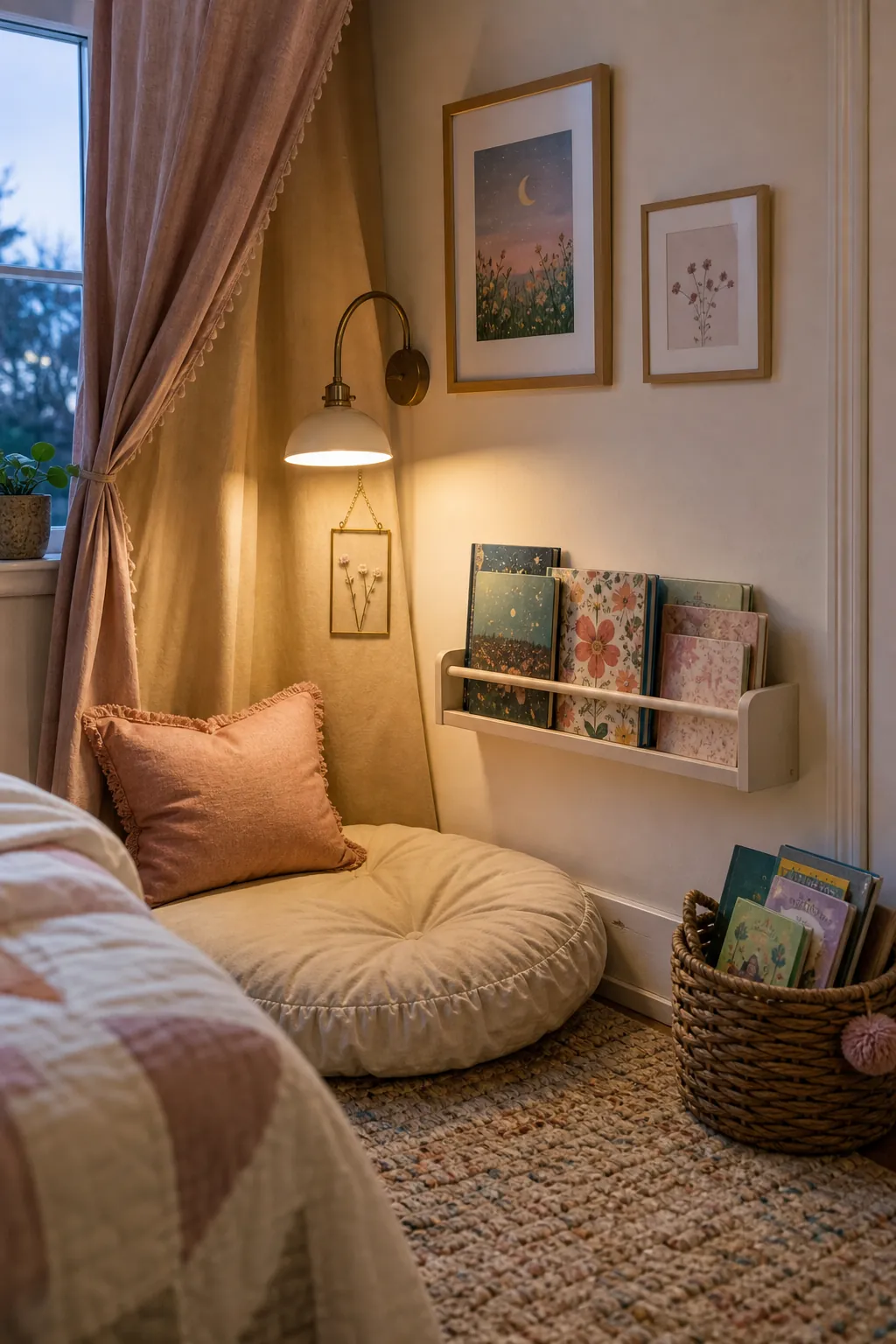 Girls bedroom reading corner wall with book ledge, warm lamp, and cozy floor cushion