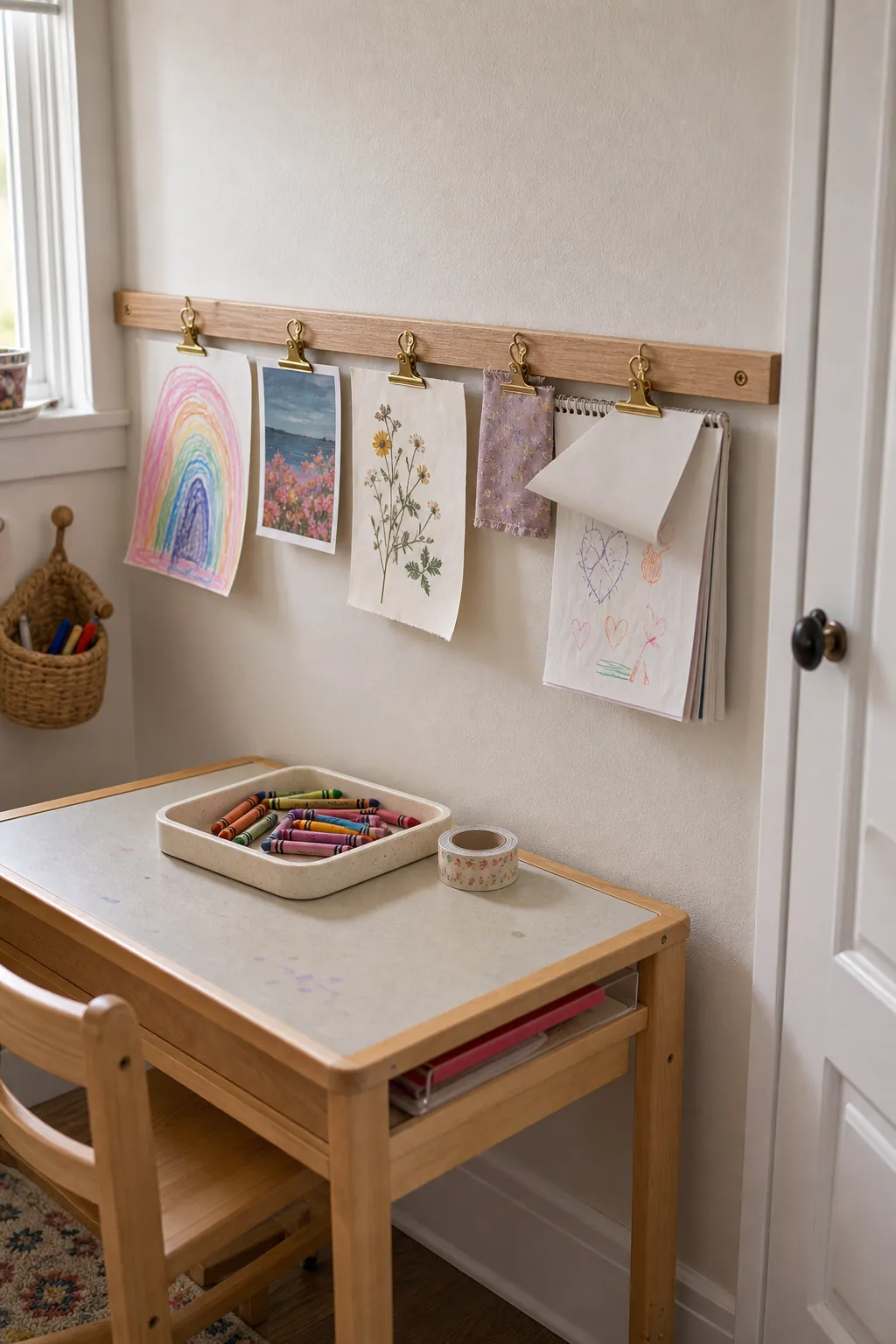 Girls bedroom rotating art rail with clipped drawings and craft supplies below