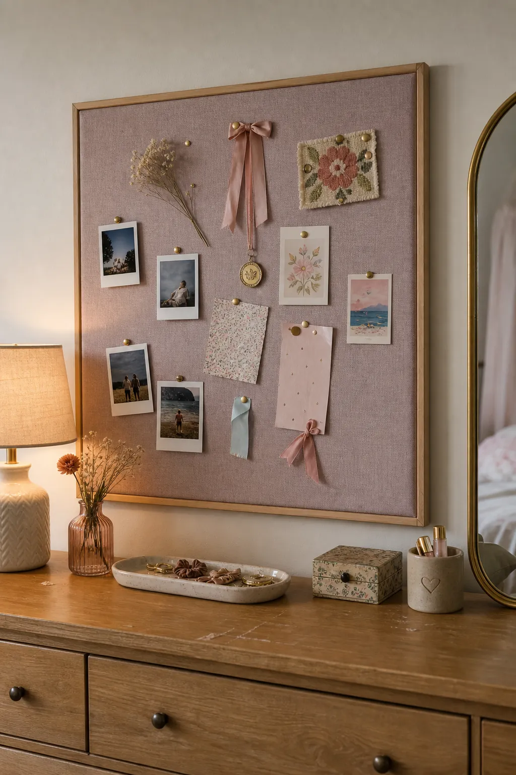 Girls bedroom memory board over a dresser with photos, ribbons, dried flowers, and keepsakes