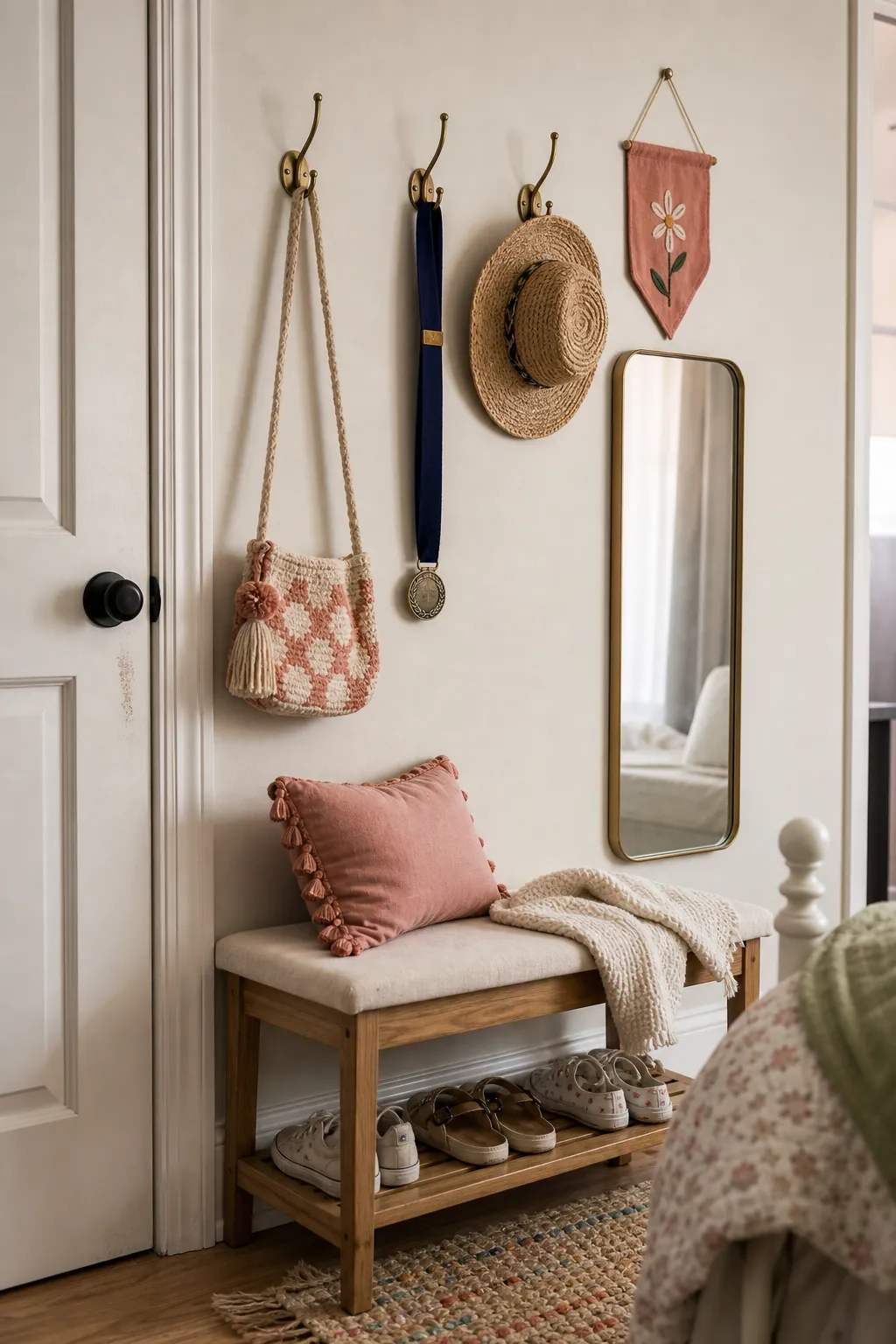 Girls bedroom wall hooks with textiles, mirror, bench, and useful personal decor near the door