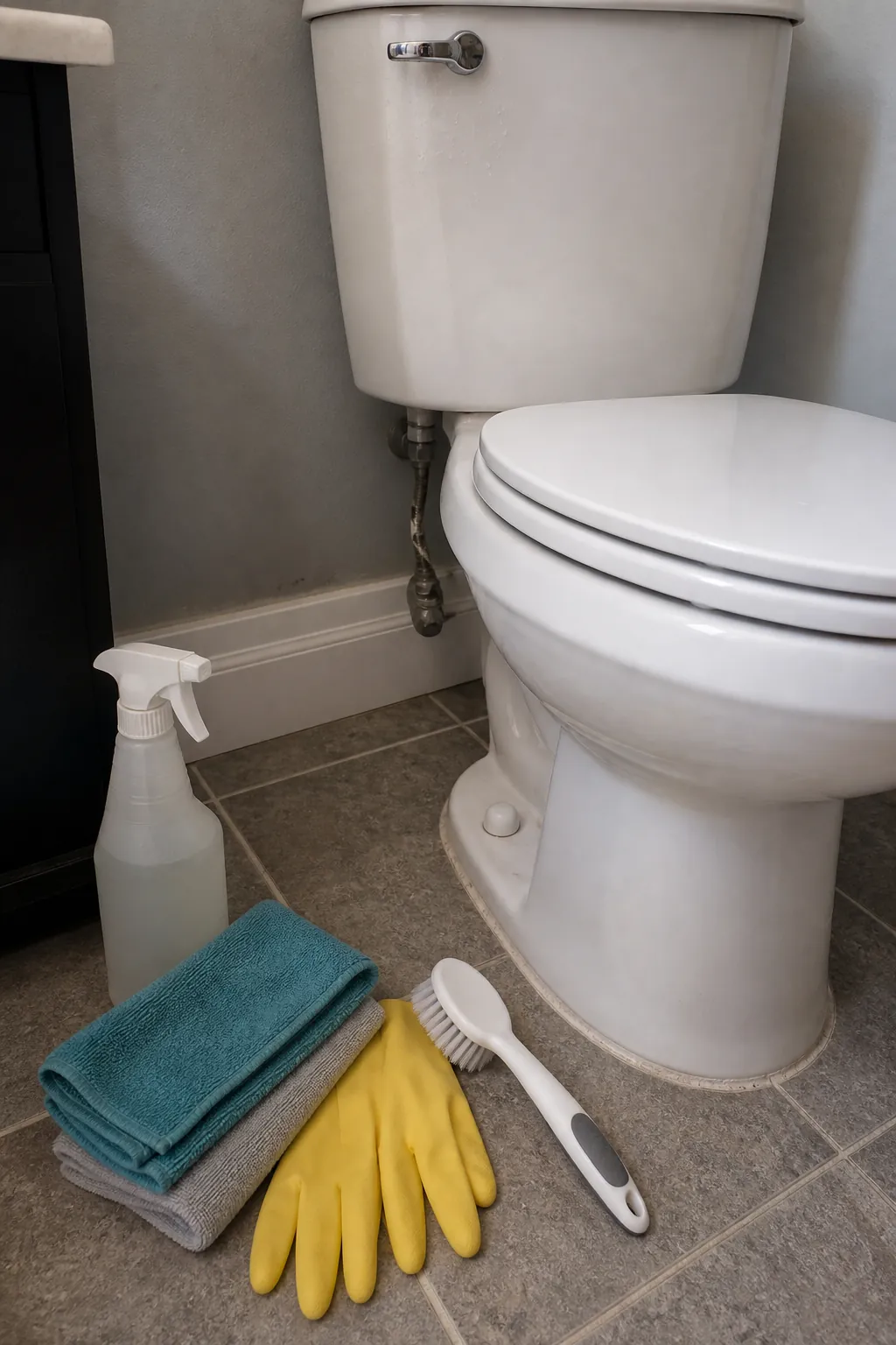 Closed toilet and surrounding floor prepared for exterior-first cleaning with microfiber cloths and gloves