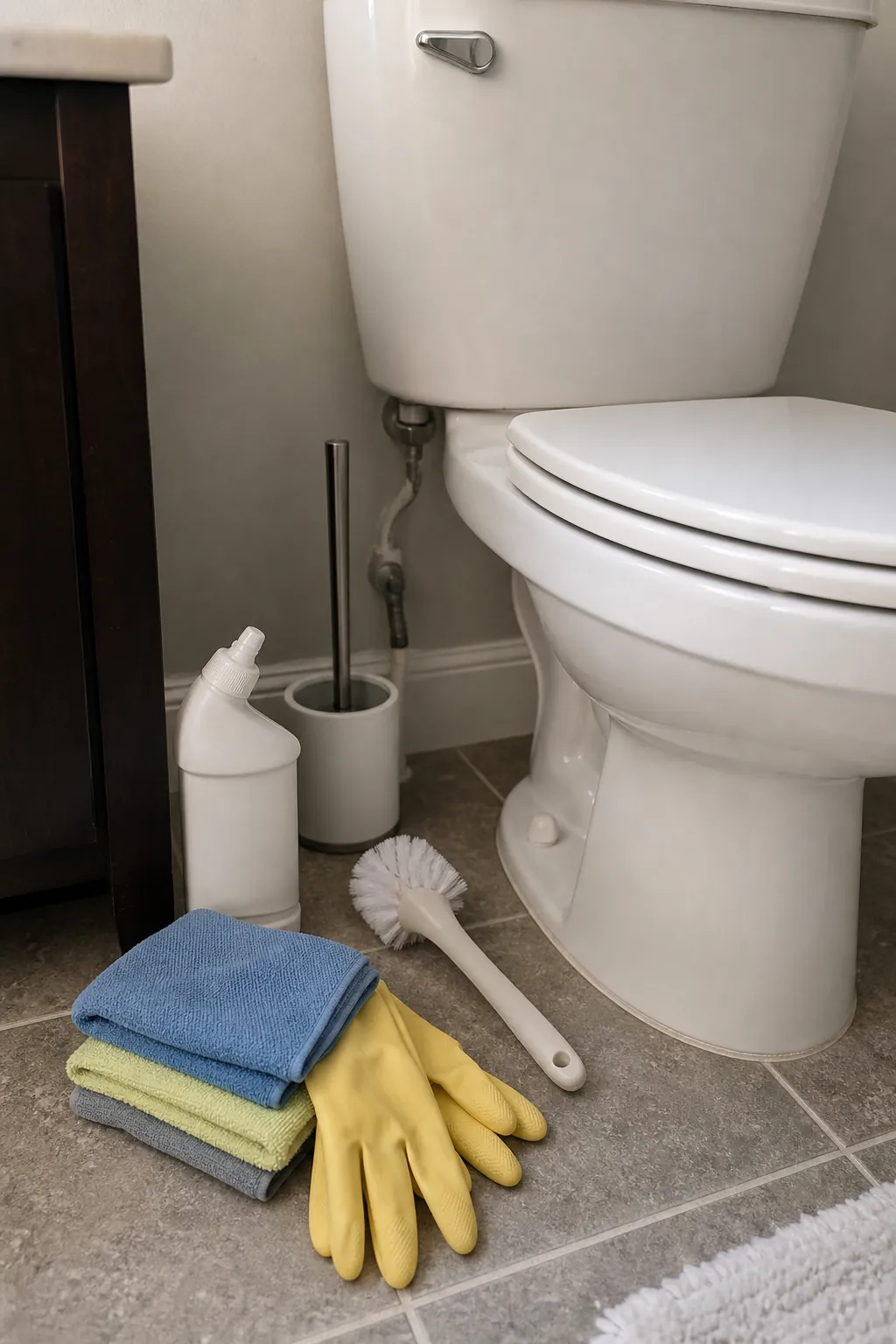 Clean toilet area with microfiber cloths gloves brush and cleaner for practical toilet cleaning hacks
