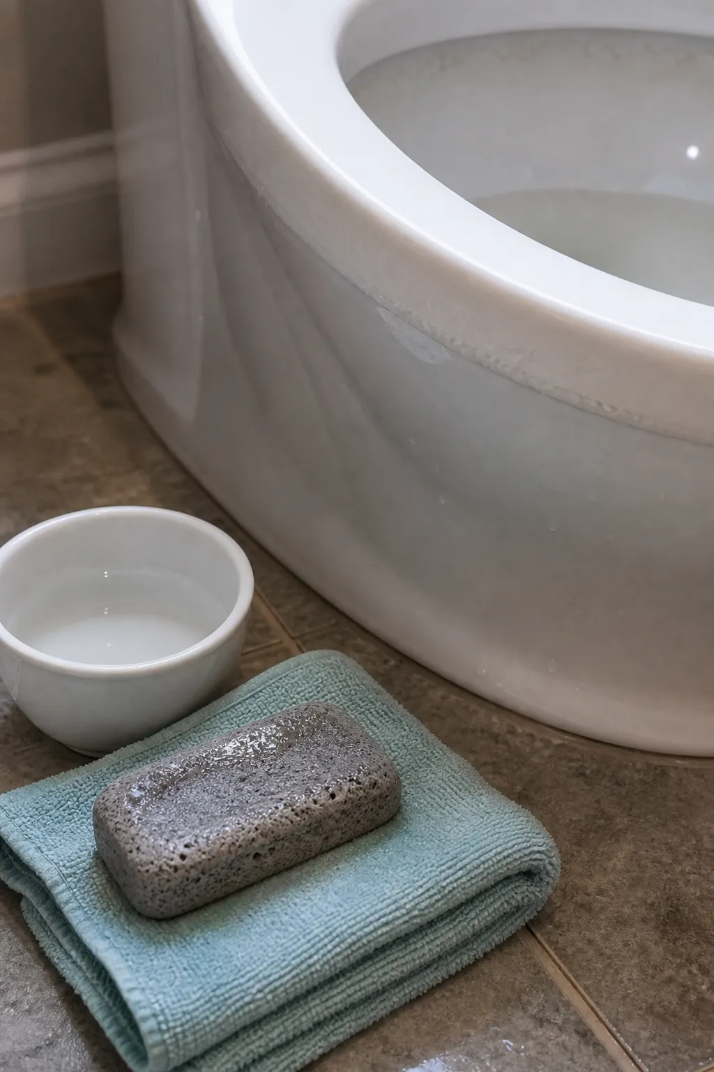 Wet pumice stone and towel beside porcelain toilet for careful hard-water ring removal