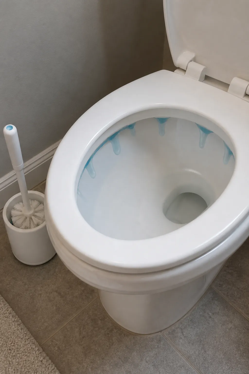 Toilet bowl cleaner resting under the rim with a brush nearby for dwell time before scrubbing
