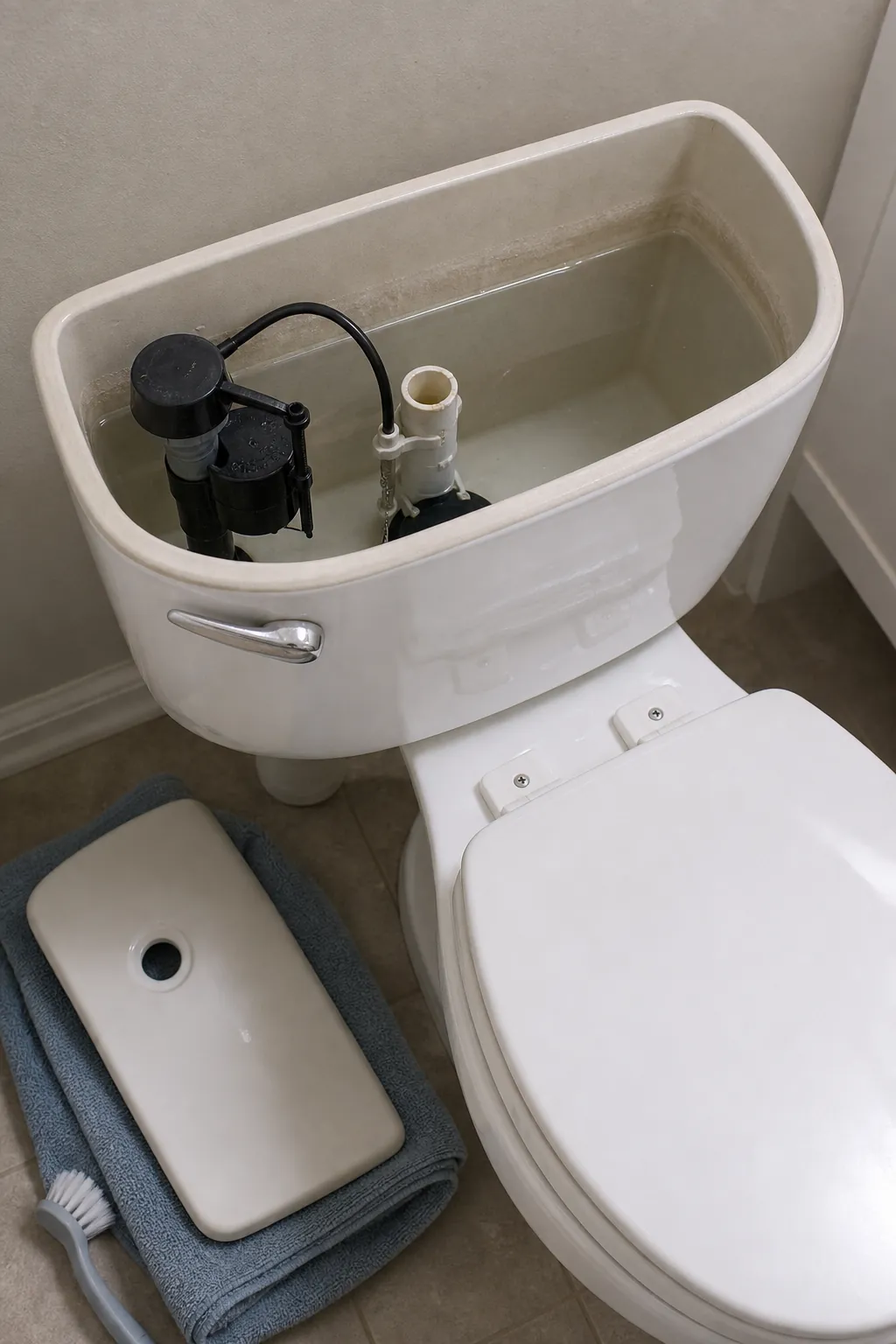 Open toilet tank with clean water line and brush nearby for safe tank inspection