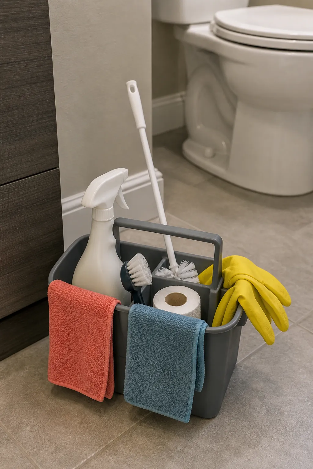 Small weekly toilet cleaning kit with brush cloth gloves and trash liners beside bathroom wall