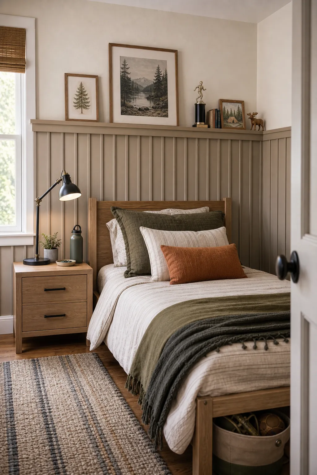 Boys bedroom textured wood slat accent wall with ledge and neutral bedding