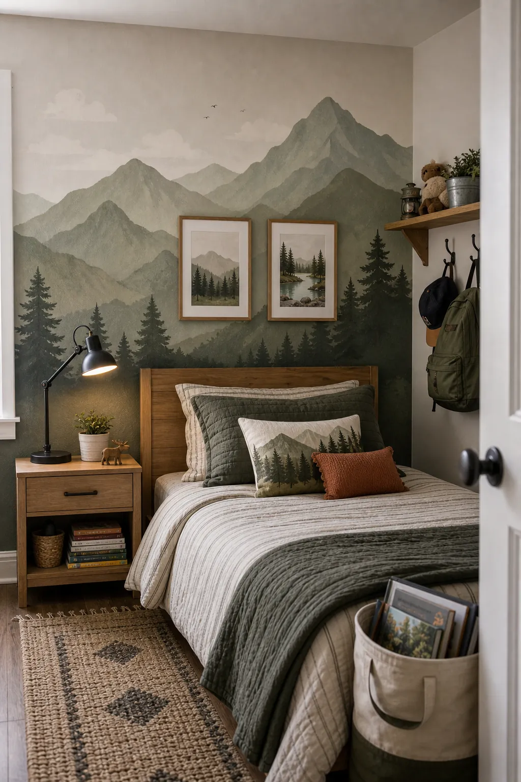Boys bedroom muted green mountain mural accent wall behind a twin bed