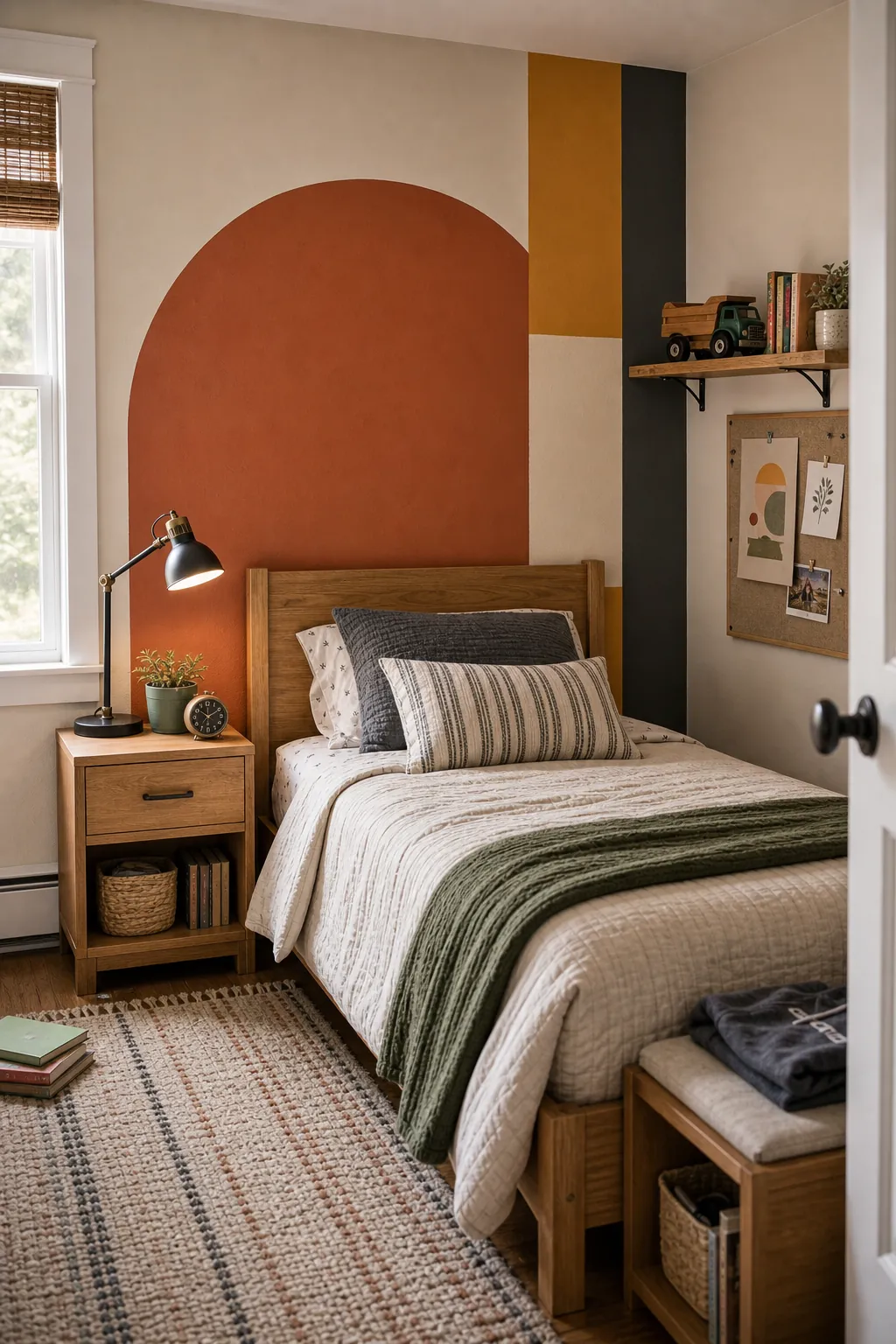 Boys room warm terracotta mustard and charcoal color block accent wall