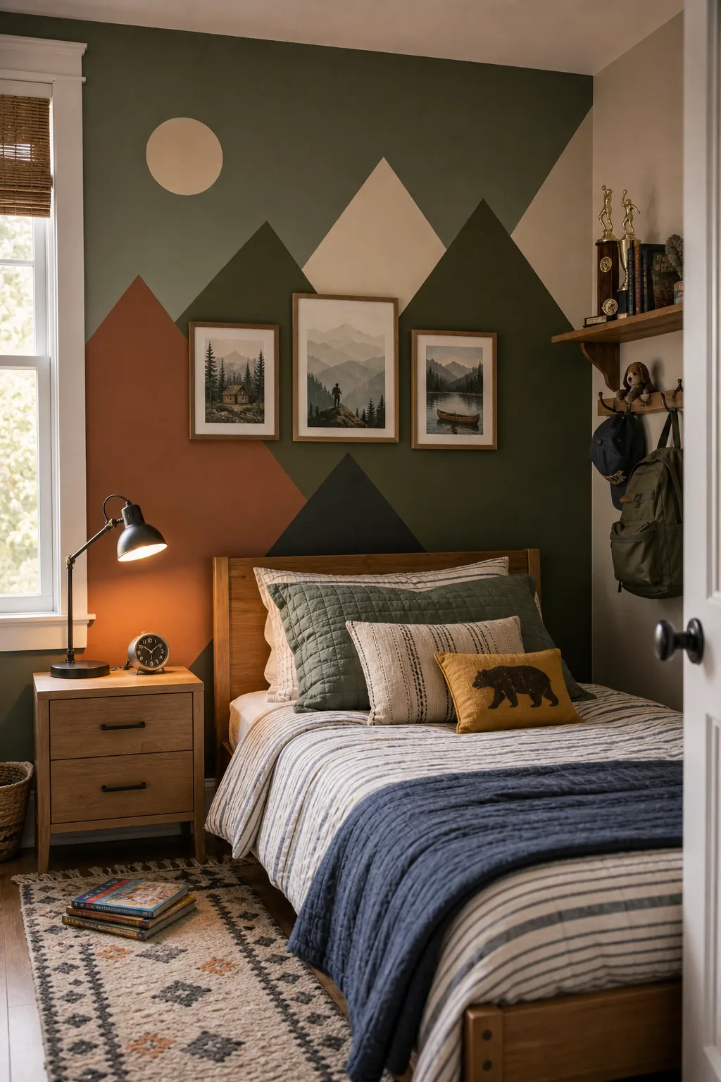 Boys bedroom with a warm green and clay accent wall beyond blue paint